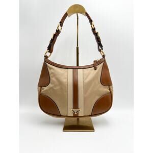Vintage Prada Tessuto Stripe Nylon & Leather Shoulder Bag Y2K Tan